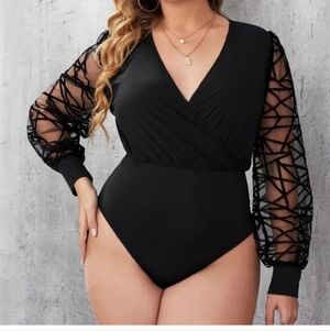 SHEIN Curve Elegant Black Bodysuit with Sheer Lace Sleeves Size 1XL